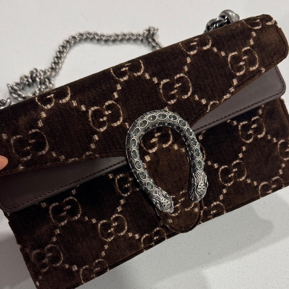 Gucci Brown Velvet Clutch with Silver Chain